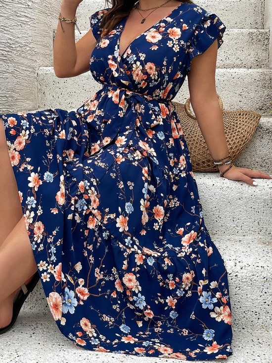 Dresses & Skirts - Plus Floral print V neck Ruffle cap sleeve maxi Dress